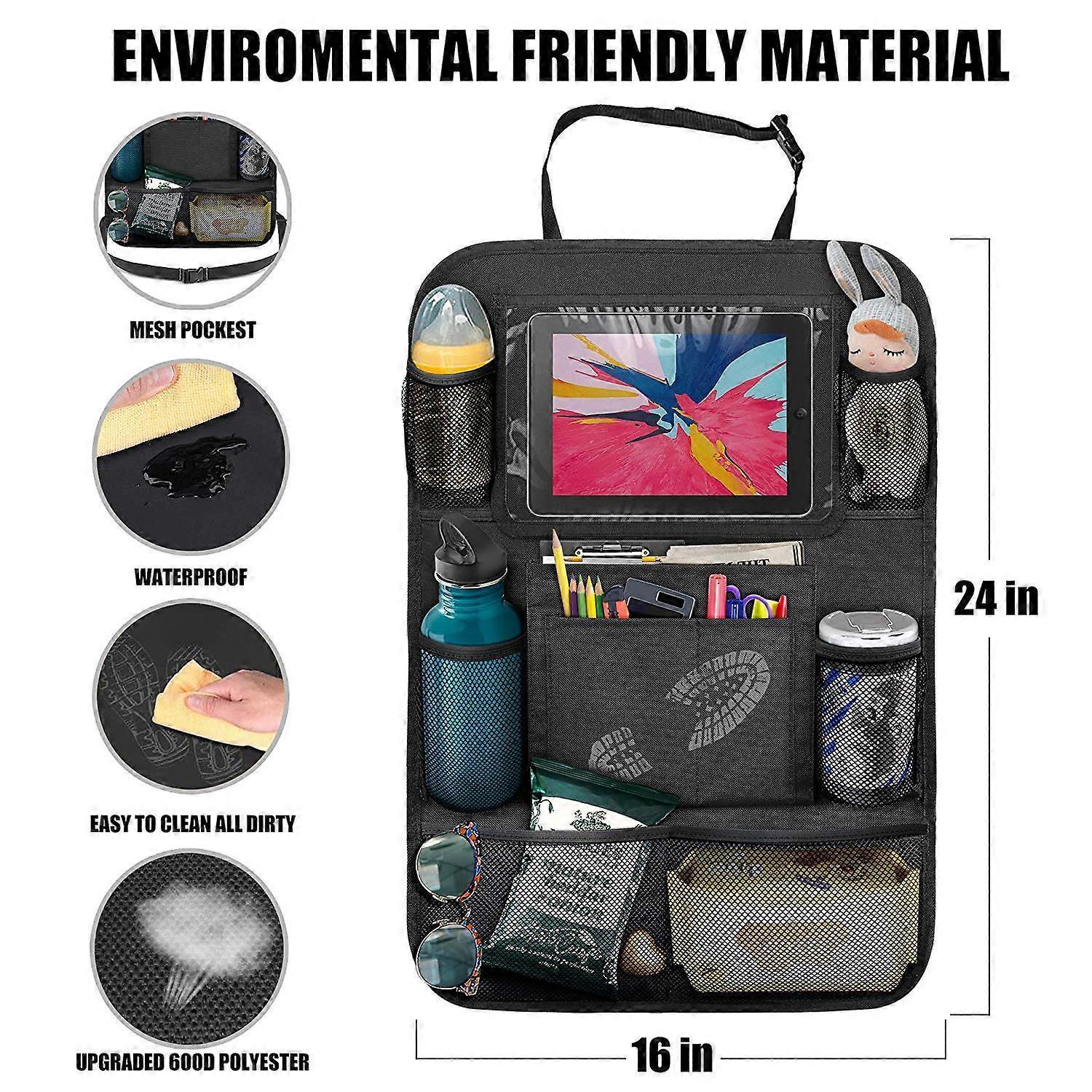 Car Back Organizer with Touch Screen Tablet Holder + 9 Storage Pockets Kick Mats Back Protectors Great Travel Accessories