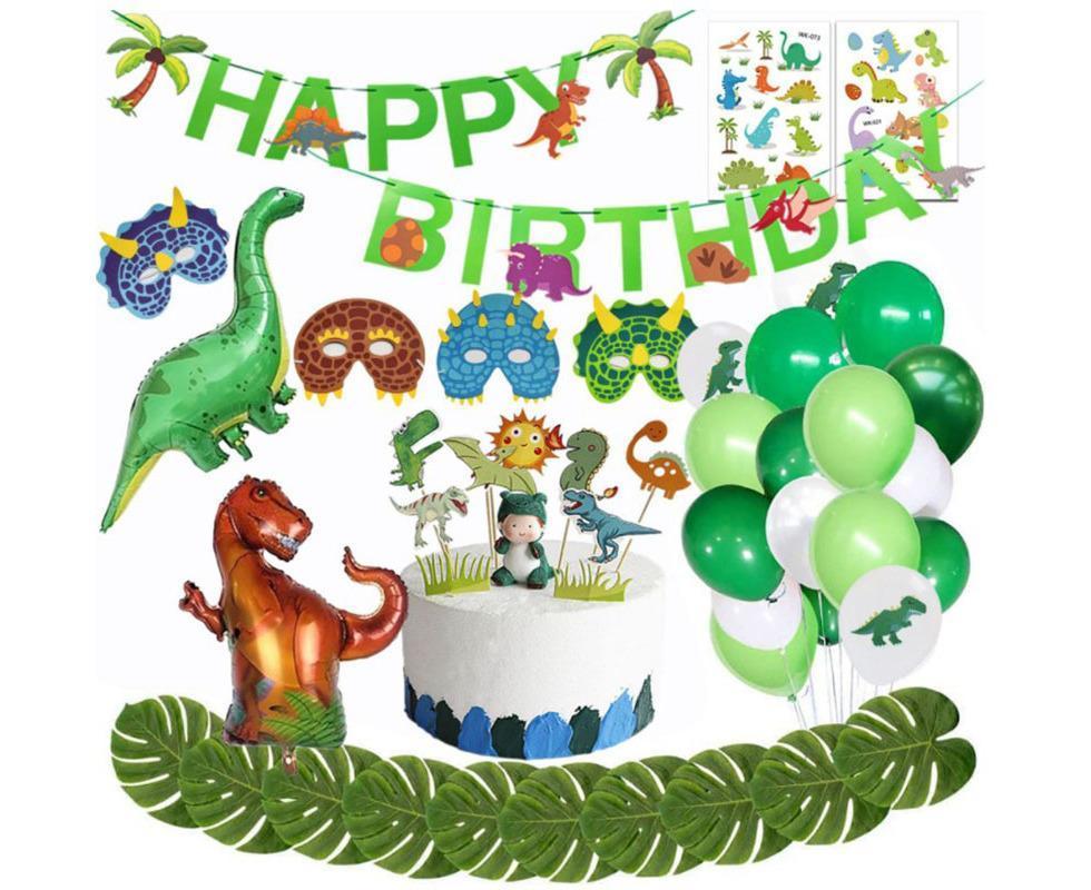 Dinosaur birthday Decoration set, happy birthday garland and large dinosaur foil balloons with cake topper