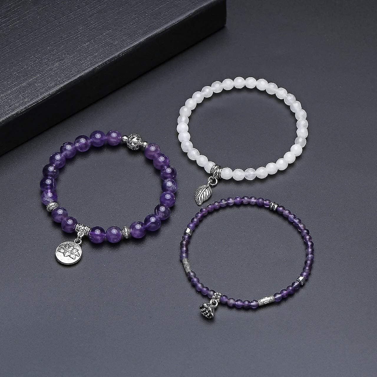 3pcs Amethyst Rose Quartz Crystal Beaded Chakra Bracelet Natural Healing Energy Lotus Charm Beads Stone Reiki Stackable Stretch Bracelets Set