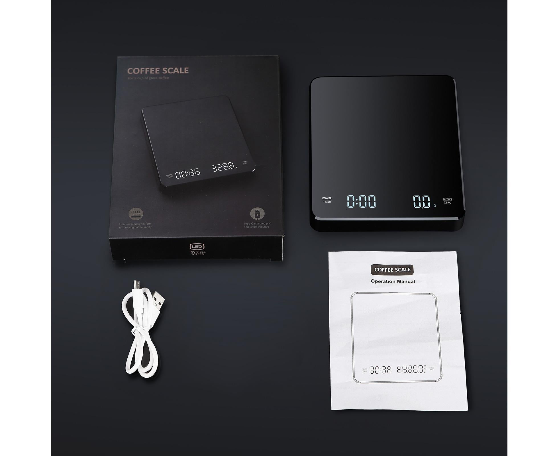 3kg/0.1g Digital Coffee Scale with Timer LED Screen Espresso Scales Rechargeable Electronic Kitchen Scale oz/ml/g High Precision Measuring