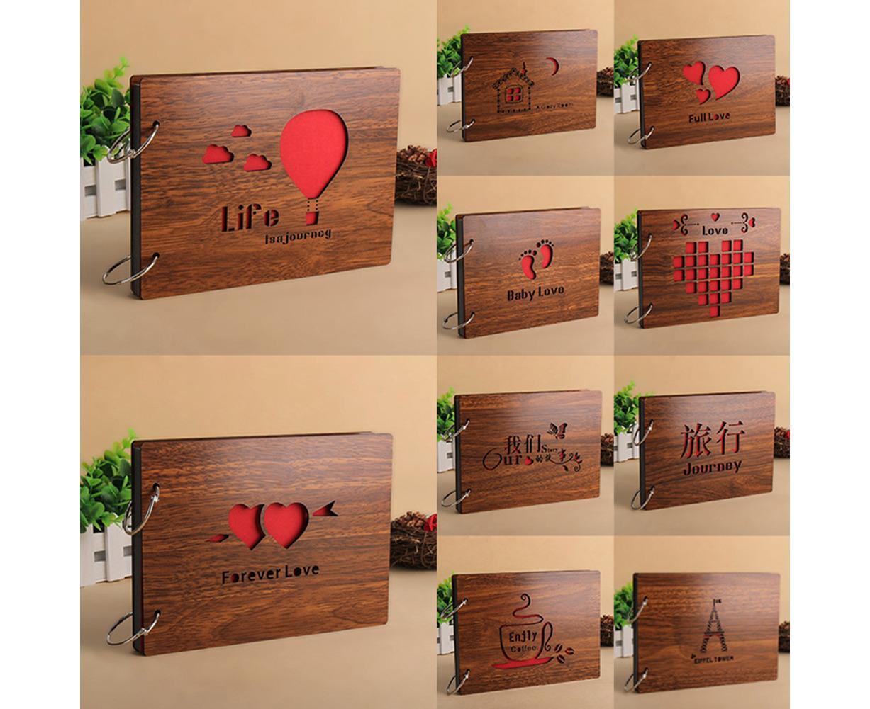 8 inch Vintage Wood Cover Photo Album Book Black Pages Anniversary Scrapbook