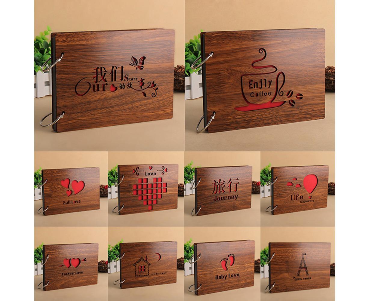 8 inch Vintage Wood Cover Photo Album Book Black Pages Anniversary Scrapbook