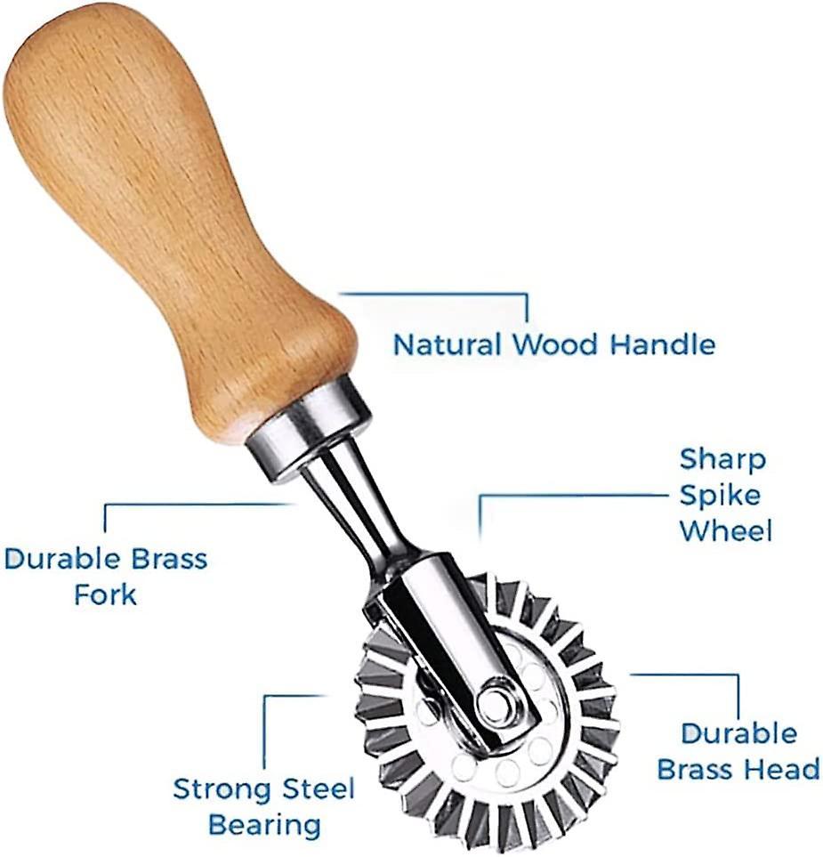 Ravioli Cutter Stamps with Roller Wheel Round Mold with Wooden Handle and Fluted Edge Pasta Press