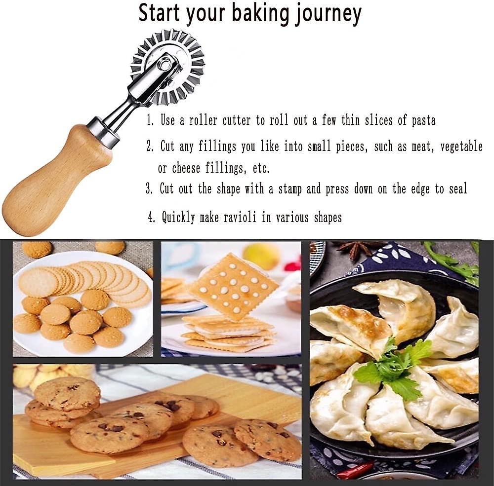 Ravioli Cutter Stamps with Roller Wheel Round Mold with Wooden Handle and Fluted Edge Pasta Press