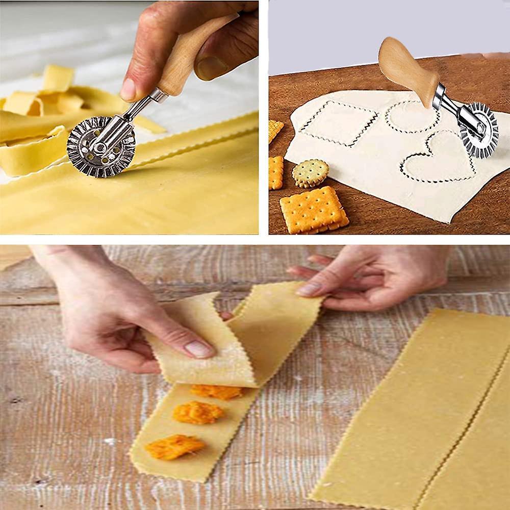 Ravioli Cutter Stamps with Roller Wheel Round Mold with Wooden Handle and Fluted Edge Pasta Press