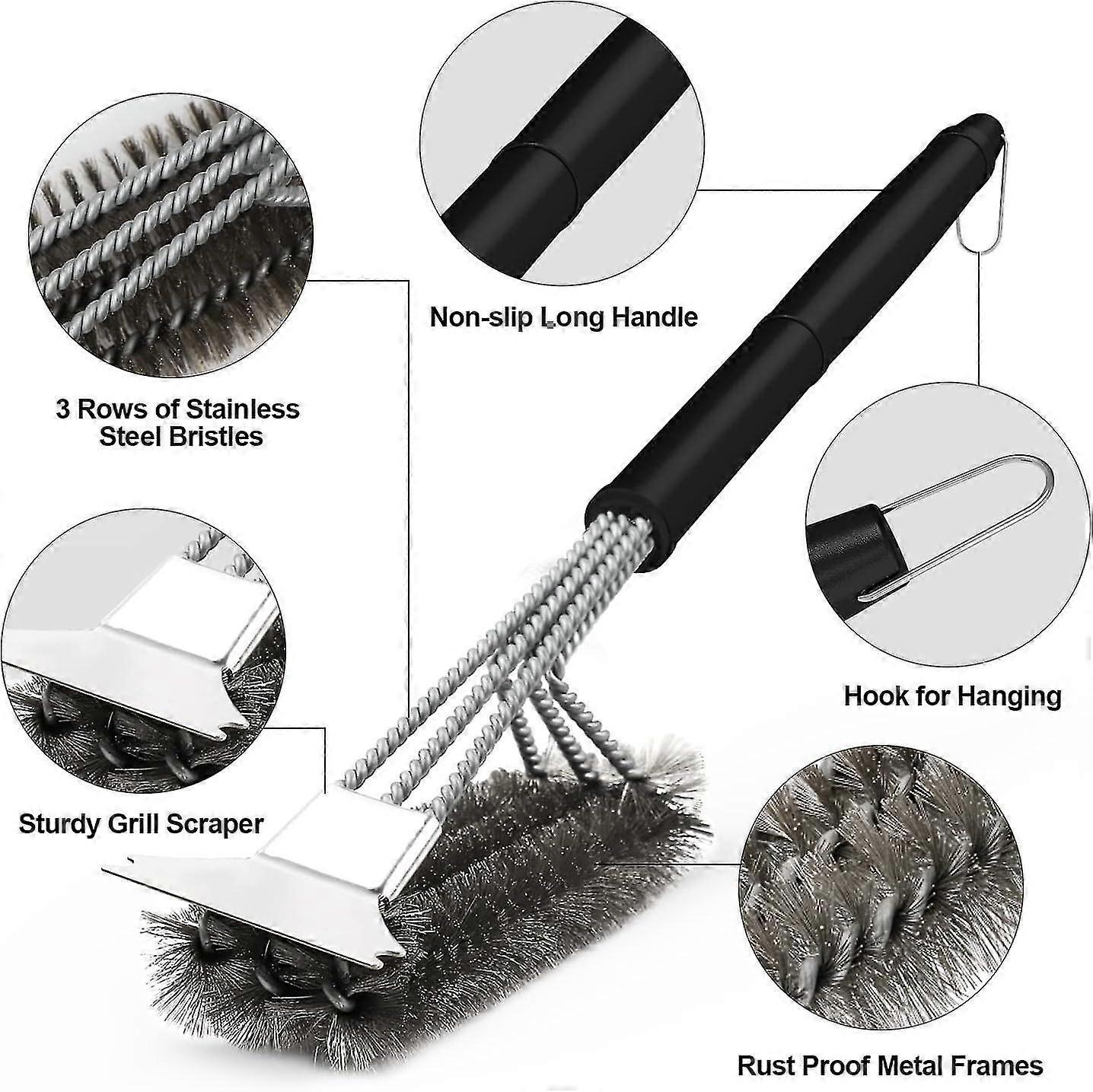 3-In-1 BBQ Grill Brush with Stainless Steel Bristles & Scraper - 45cm
