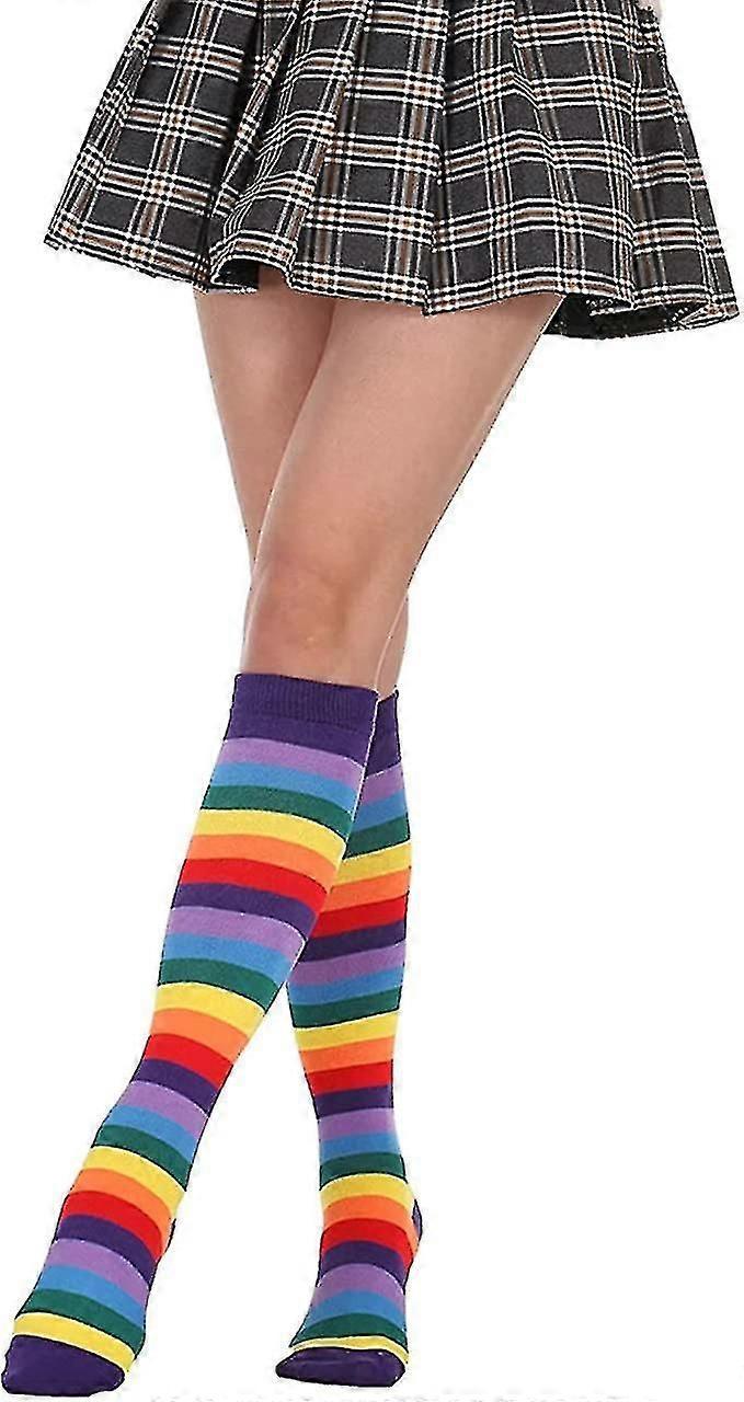 Rainbow Long Tube Socks Colorful Striped High Knee Socks for Women