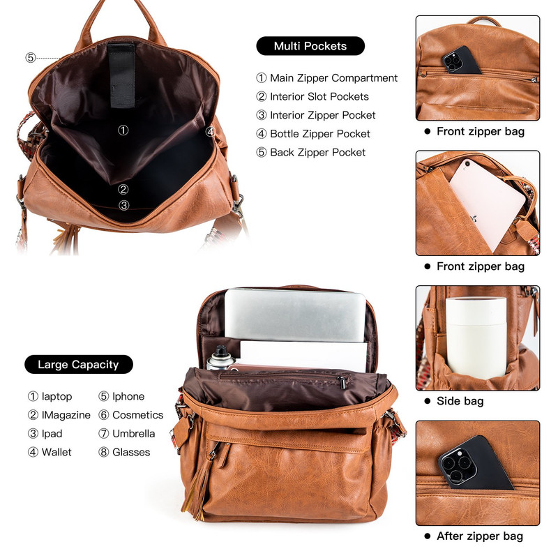 Coffee Fashionable Large-Capacity Women's Backpack - Waterproof, Durable, High-Quality PU Leather - Travel Backpack - Vintage-Style PU Leather Backpack