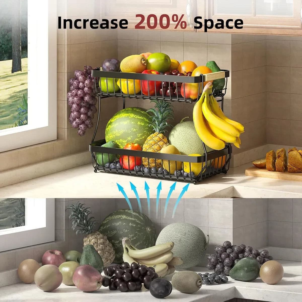 2-Tier Fruit Basket Metal Storage Bowl Kitchen Counter Organizer with Handles Black