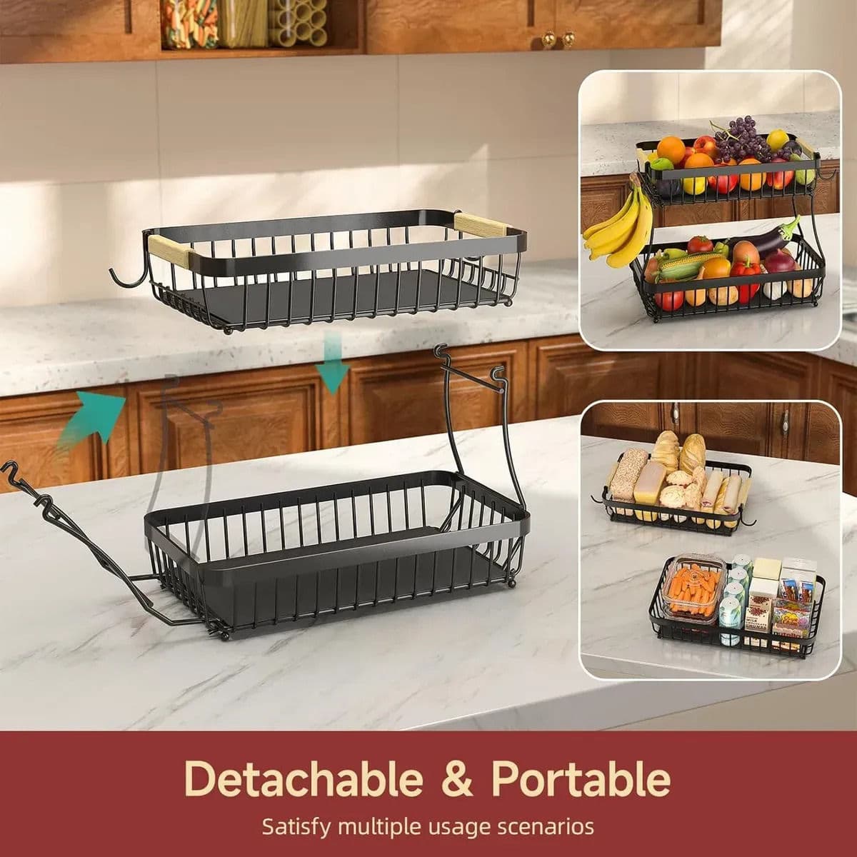 2-Tier Fruit Basket Metal Storage Bowl Kitchen Counter Organizer with Handles Black