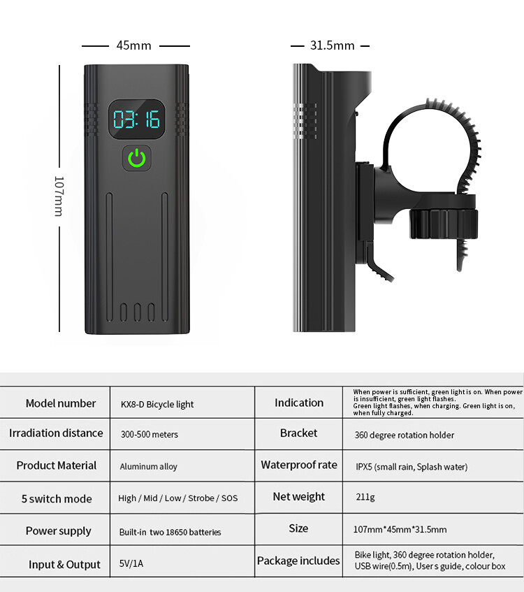 Waterproof Bike Light Set with Digital Battery Display Aluminum Alloy 360° Mount