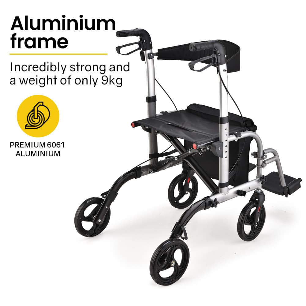 2-in-1 Folding Rollator Wheelchair Adjustable Mobility Walker Silver