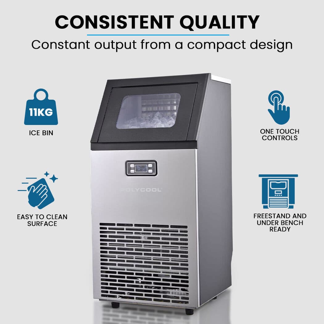POLYCOOL Commercial Ice Maker Machine, up to 60kg/24hr, Timer & Self Cleaning Programs