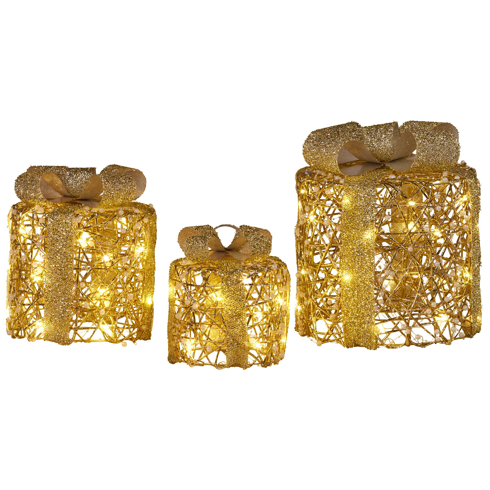 Christabelle Set of 3 Christmas Gift Box Display Gold with LED Lights and Bows Decoration Ornament Present