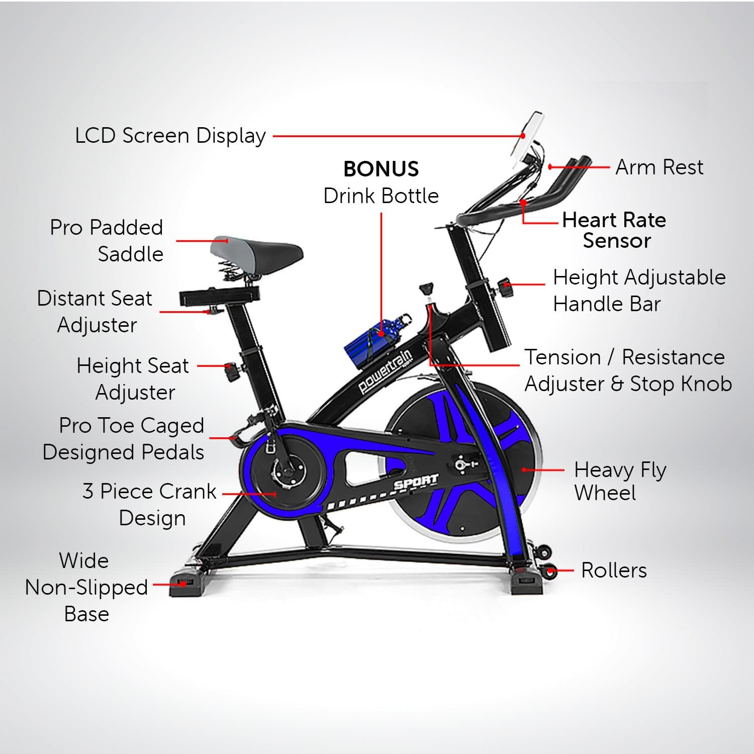 Exercise Bike Flywheel Home Gym Adjustable Seat LCD Display Blue