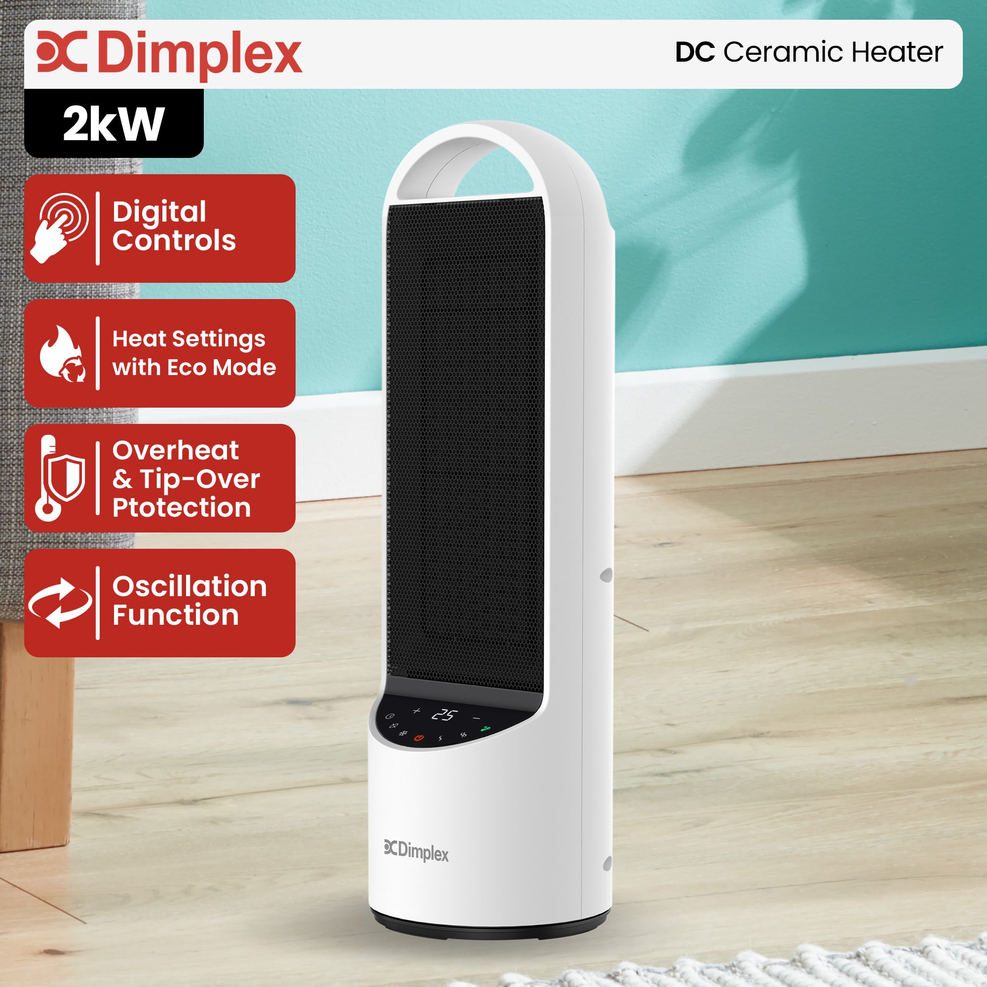 Dimplex 2kW Digital Ceramic Portable Space Heater, Quiet Oscillating Personal Electric Heater with Eco Mode