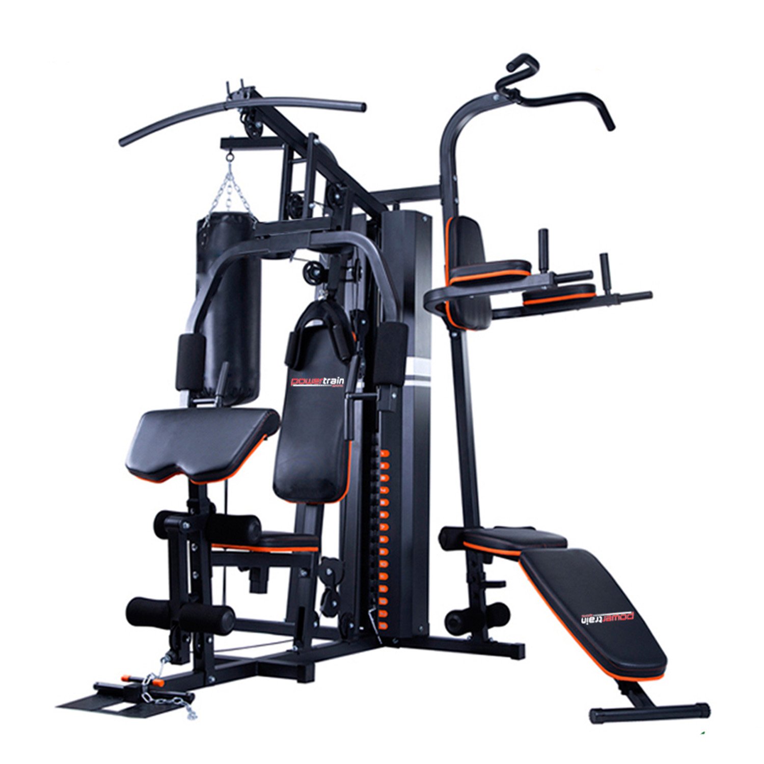 Powertrain Multi Station Home Gym Equipment with 150lbs Weight Stack, Punching Bag, Lat Pulldown & Bench Press