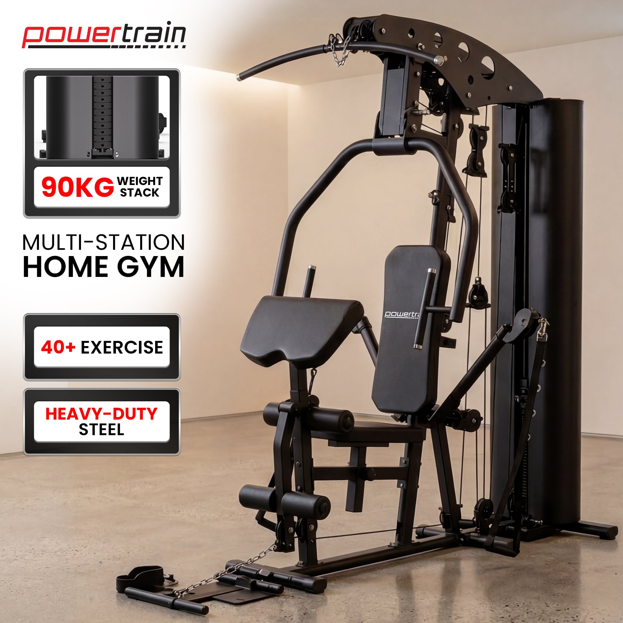 Powertrain 560 Home Multi Gym with 90kg Weight Stack Leg Press All-in-One Full Body Strength Training Machine