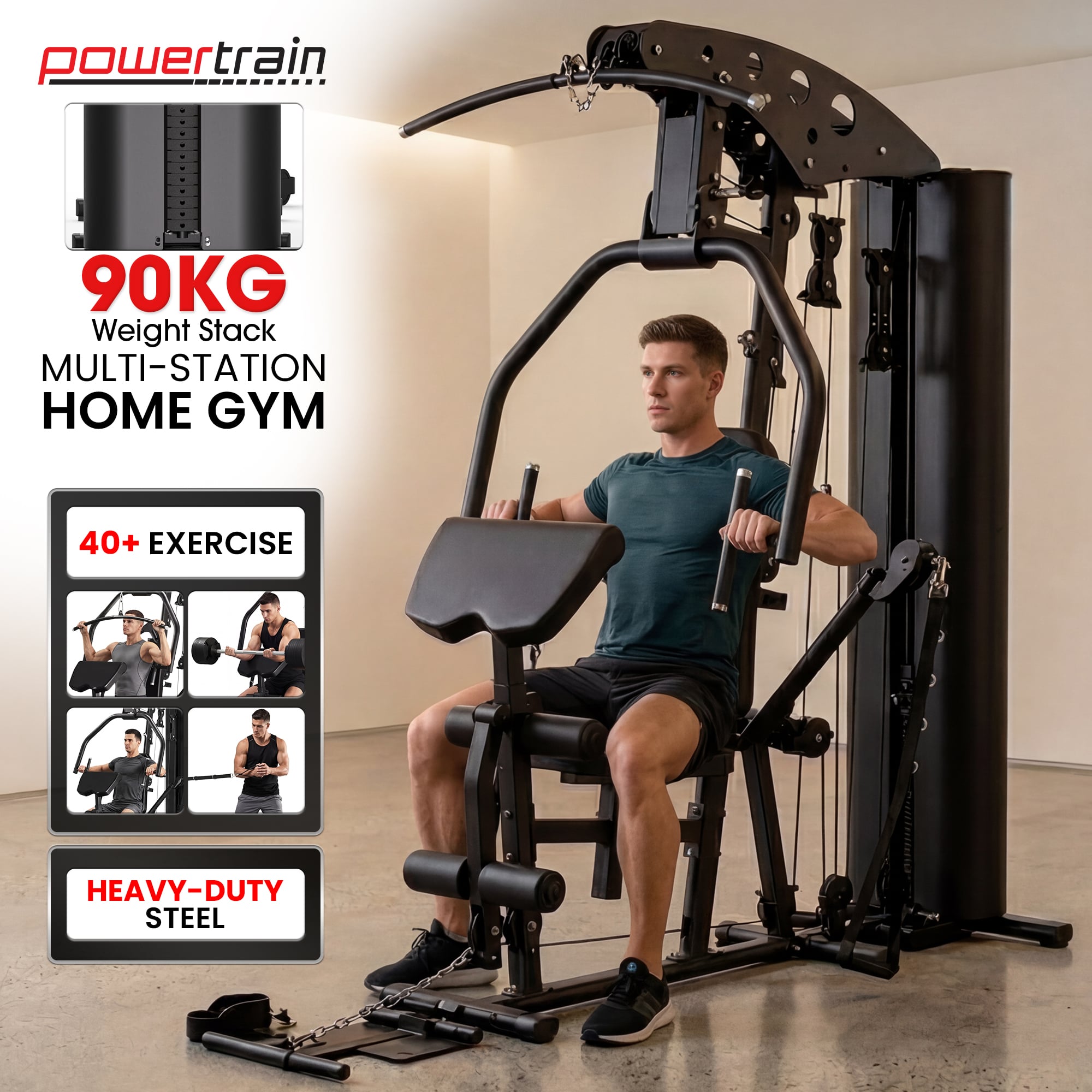 Powertrain 560 Home Multi Gym with 90kg Weight Stack Leg Press All-in-One Full Body Strength Training Machine