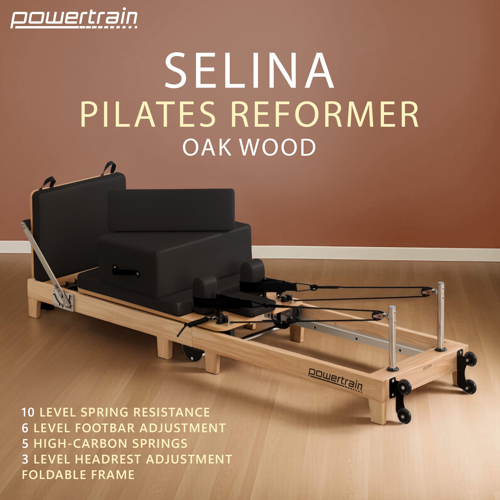 Powertrain Selina Foldable Wooden Pilates Reformer Machine, Oak Wood Home Gym Studio Equipment with 5 Springs
