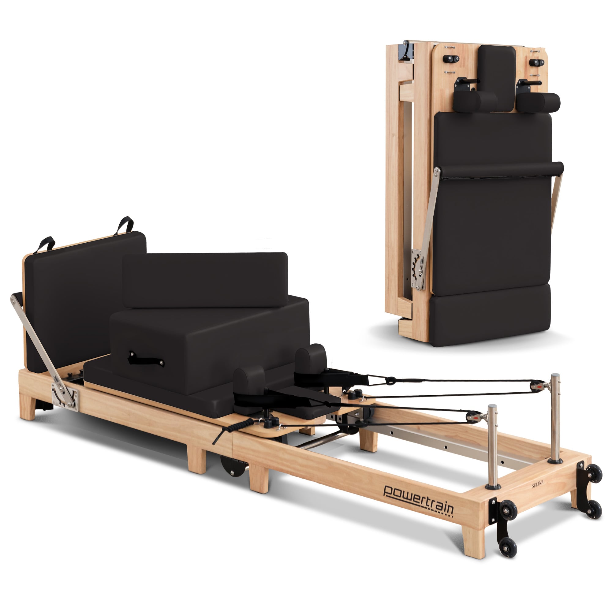 Powertrain Selina Foldable Wooden Pilates Reformer Machine, Oak Wood Home Gym Studio Equipment with 5 Springs