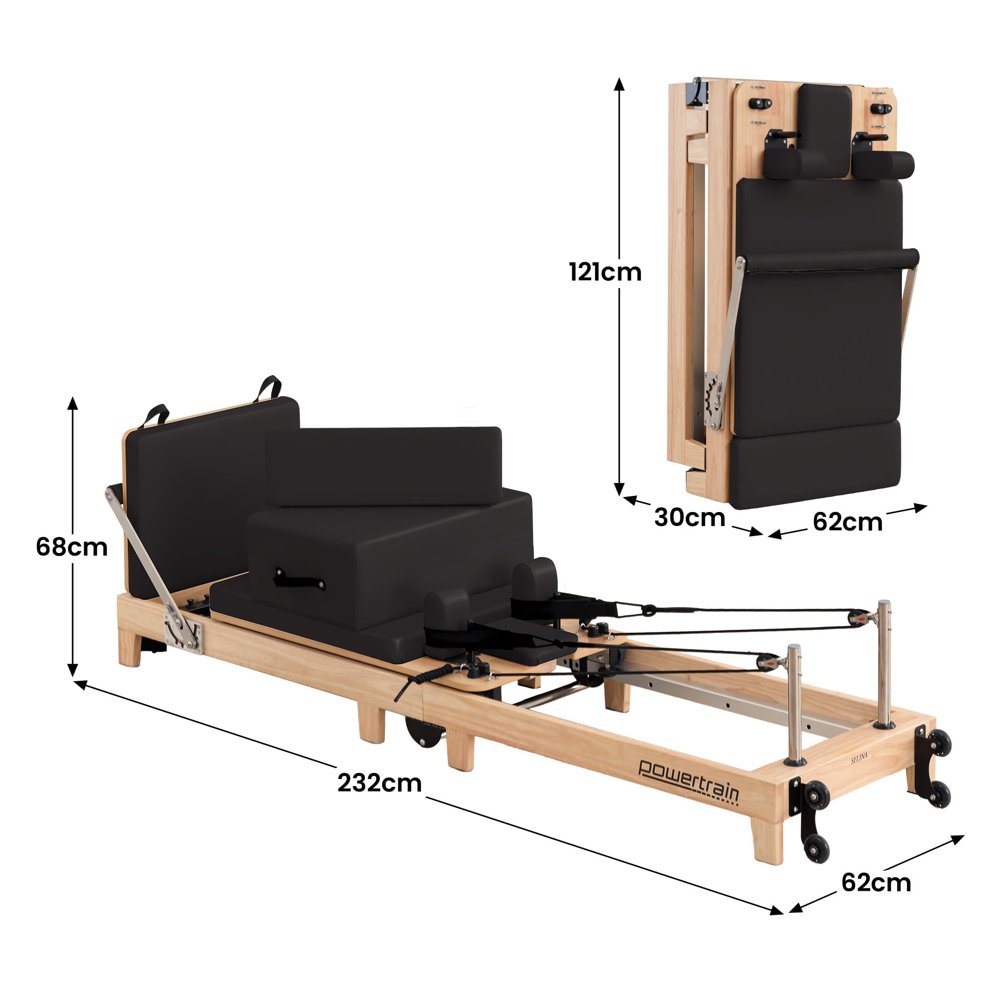 Powertrain Selina Foldable Wooden Pilates Reformer Machine, Oak Wood Home Gym Studio Equipment with 5 Springs