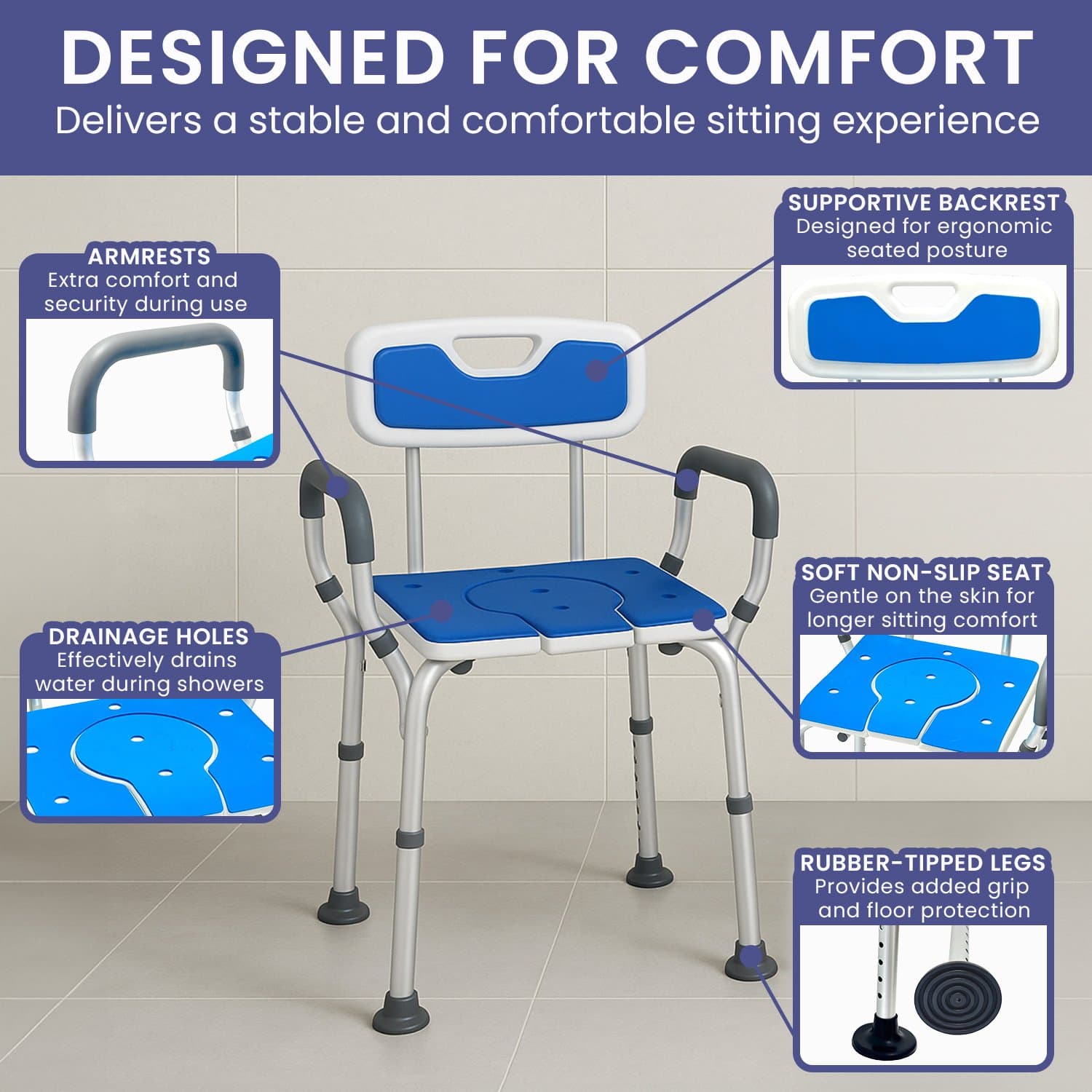Shower Chair Height Adjustable Aluminium Commode with Armrests Backrest Soft Padded Toilet Seat
