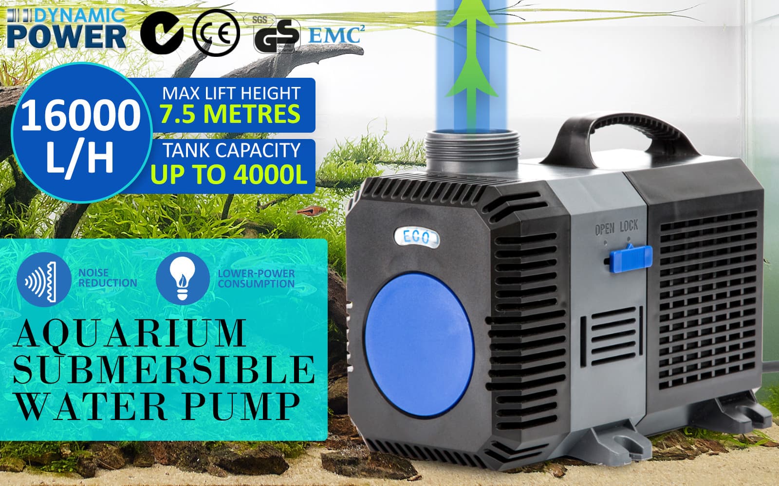 Aquarium Submersible Pond Water Pump 16000L/H Energy Efficient Quiet Design PVC Stainless Steel