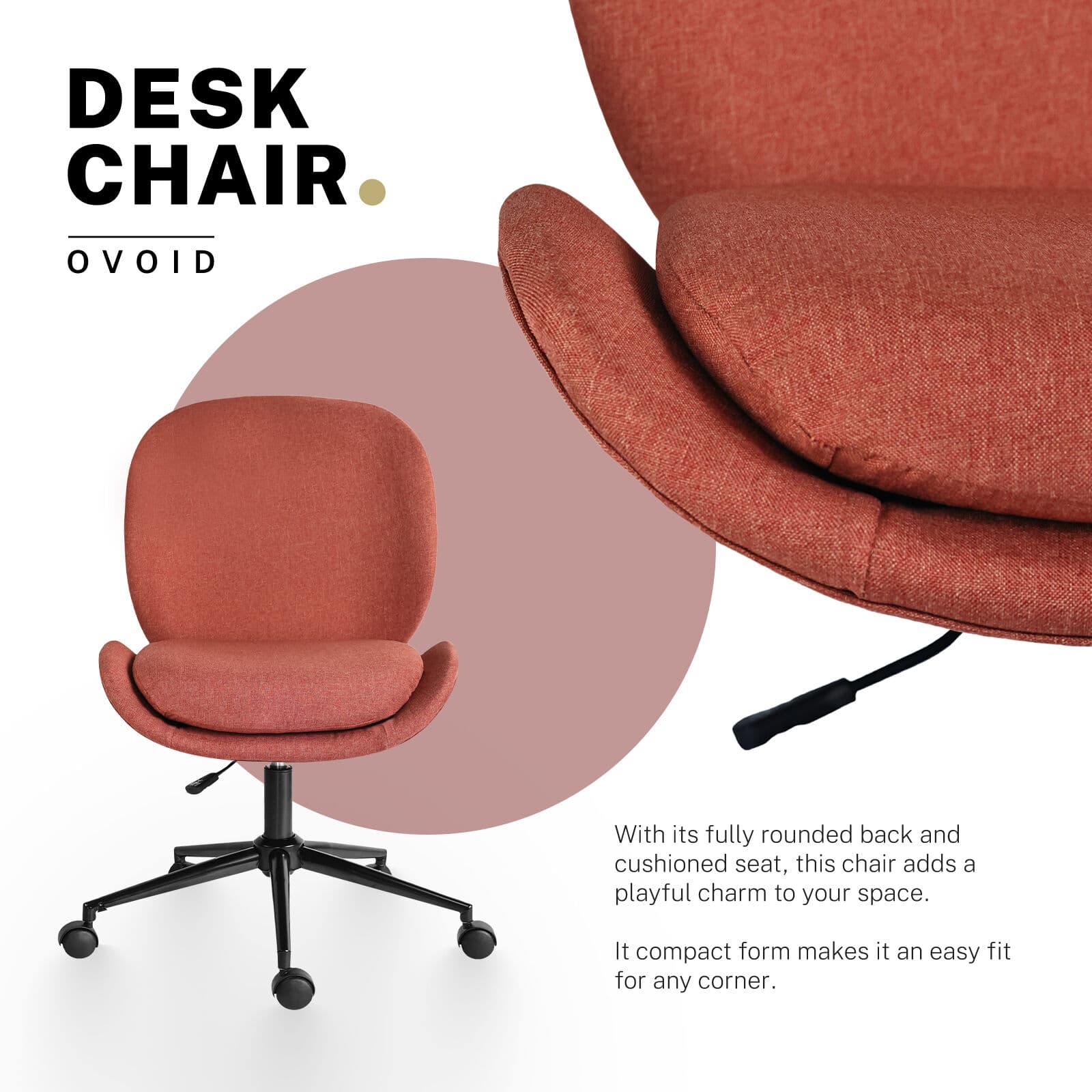 Office Desk Chair Linen Fabric Armless Swivel Study Seat Earthy Red