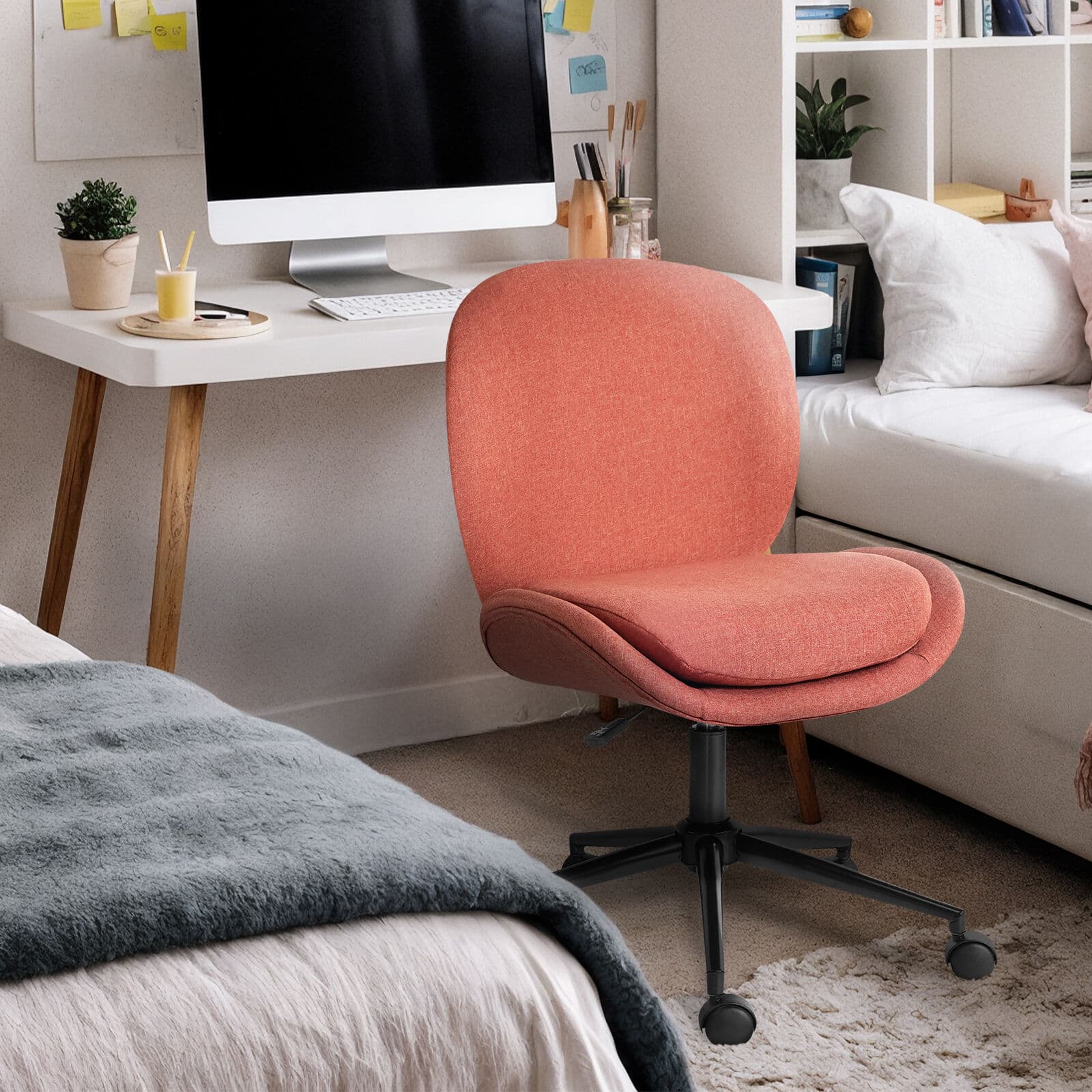 Office Desk Chair Linen Fabric Armless Swivel Study Seat Earthy Red
