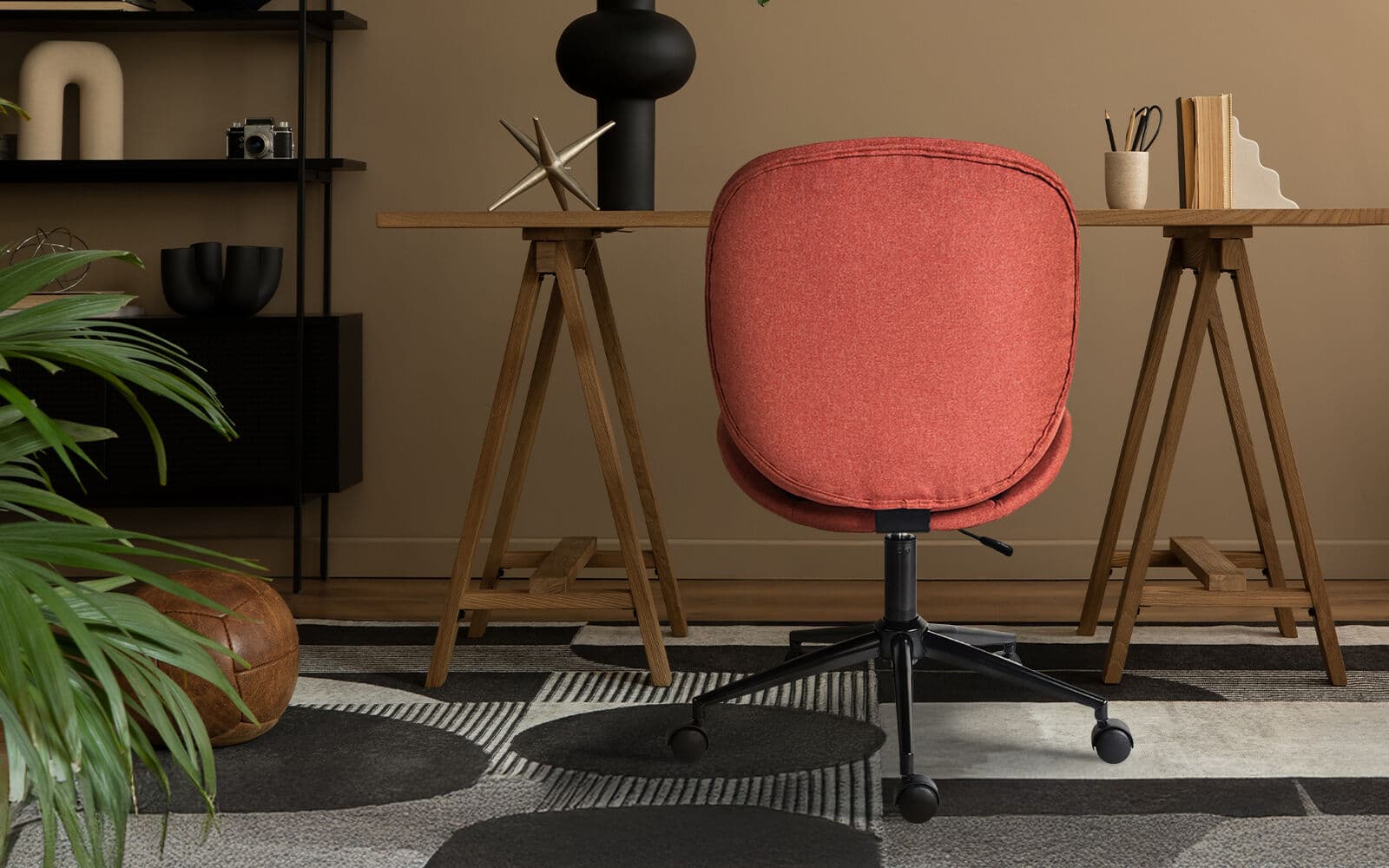Office Desk Chair Linen Fabric Armless Swivel Study Seat Earthy Red