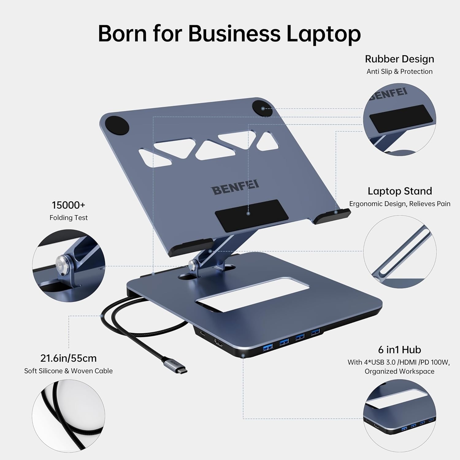 BENFEI 380GY Laptop Stand with USB C 6 in1 4K@60Hz HDMI, 4 x USB3.0, 100W PD Docking Station