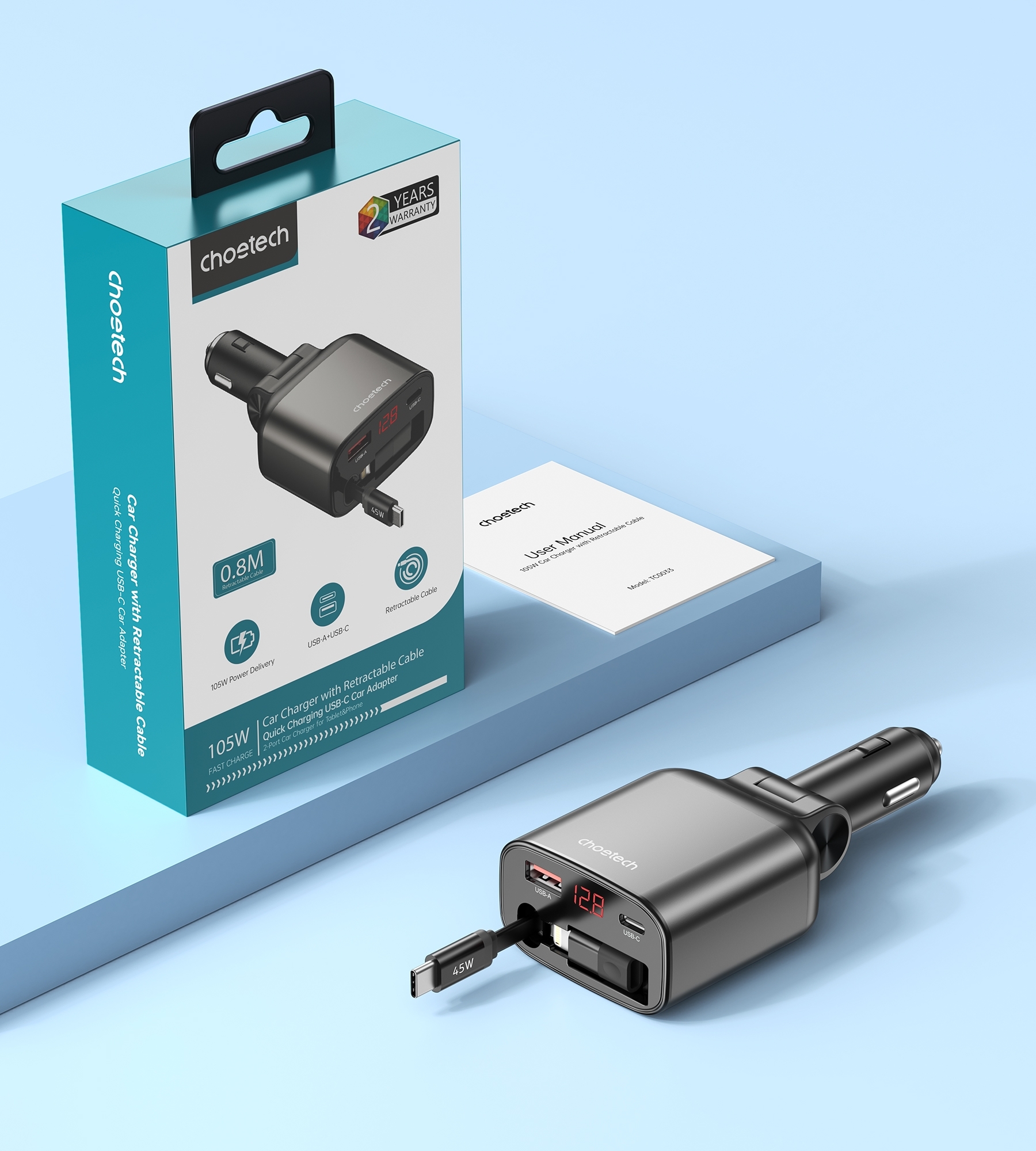 CHOETECH TC0033 105W USB-C+USB-A Fast car charger with Stretchable USB-C + Lightning cables