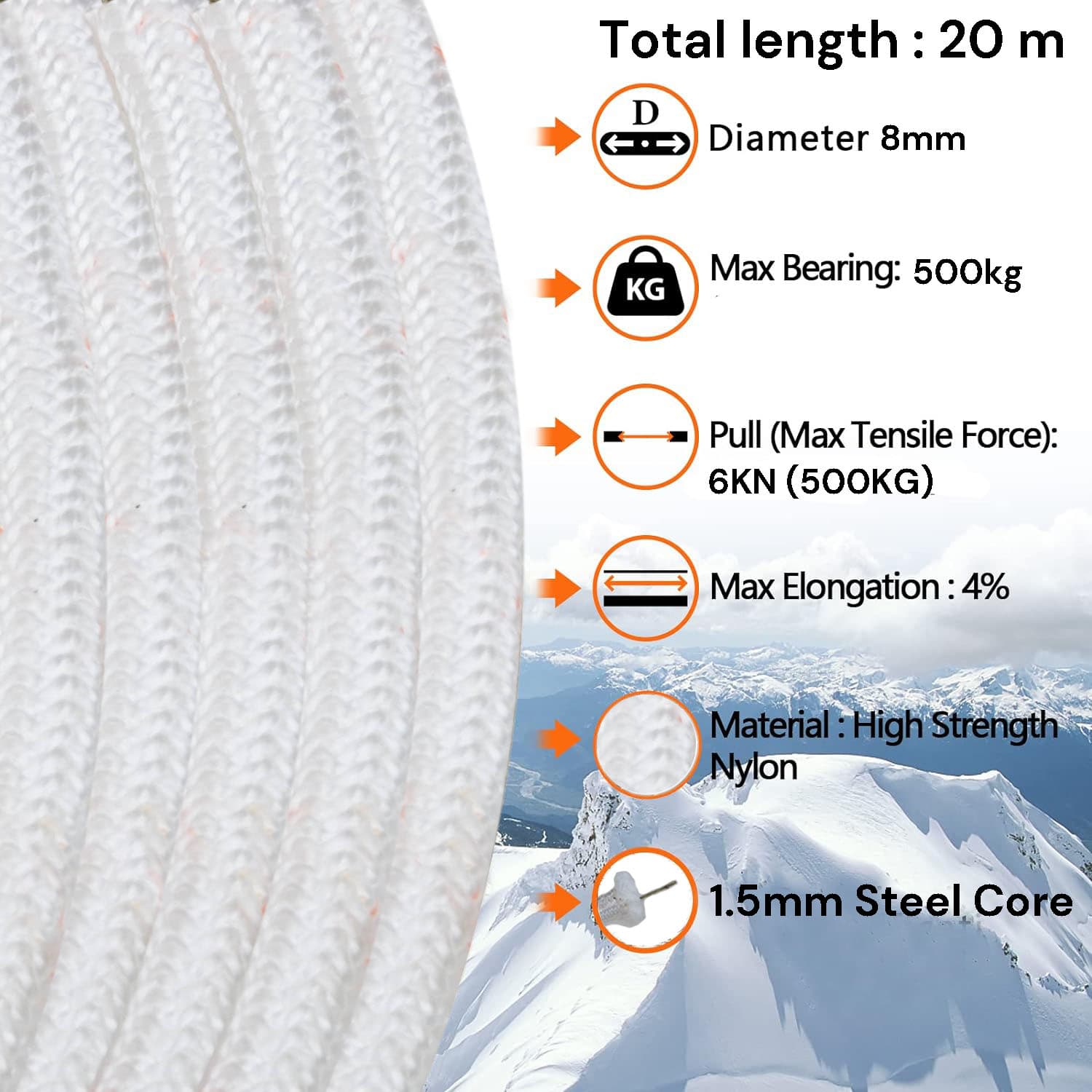 8mm Nylon Safety Climbing Rope 20m White