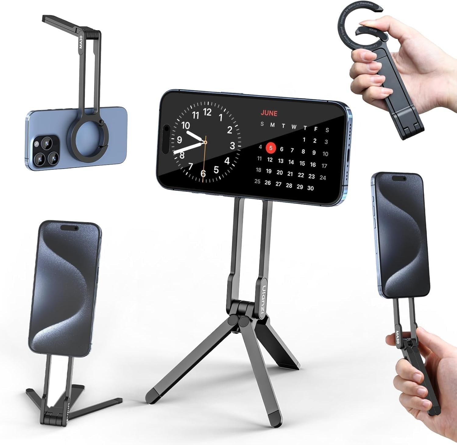ULANZI MA30 Magnetic Phone Tripod Stand for iPhone - Aluminium Maglock Smartphone Mini Tripod Pocket Cell Phone Stand Dual-Sided Magnet Quick Mount Compatible with iPhone 16 15 14 13 12 Magsafe (Grey)