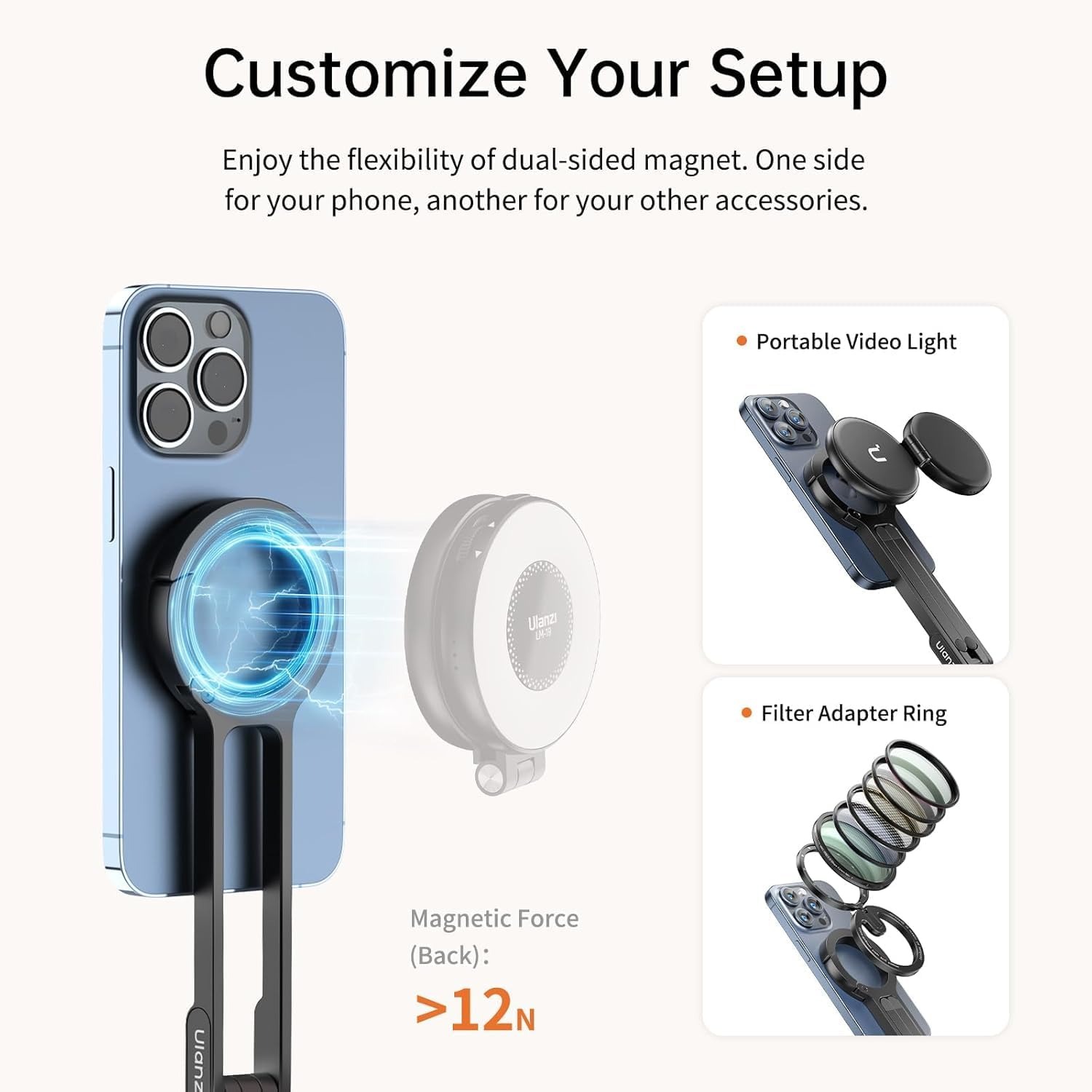 ULANZI MA30 Magnetic Phone Tripod Stand for iPhone - Aluminium Maglock Smartphone Mini Tripod Pocket Cell Phone Stand Dual-Sided Magnet Quick Mount Compatible with iPhone 16 15 14 13 12 Magsafe (Grey)