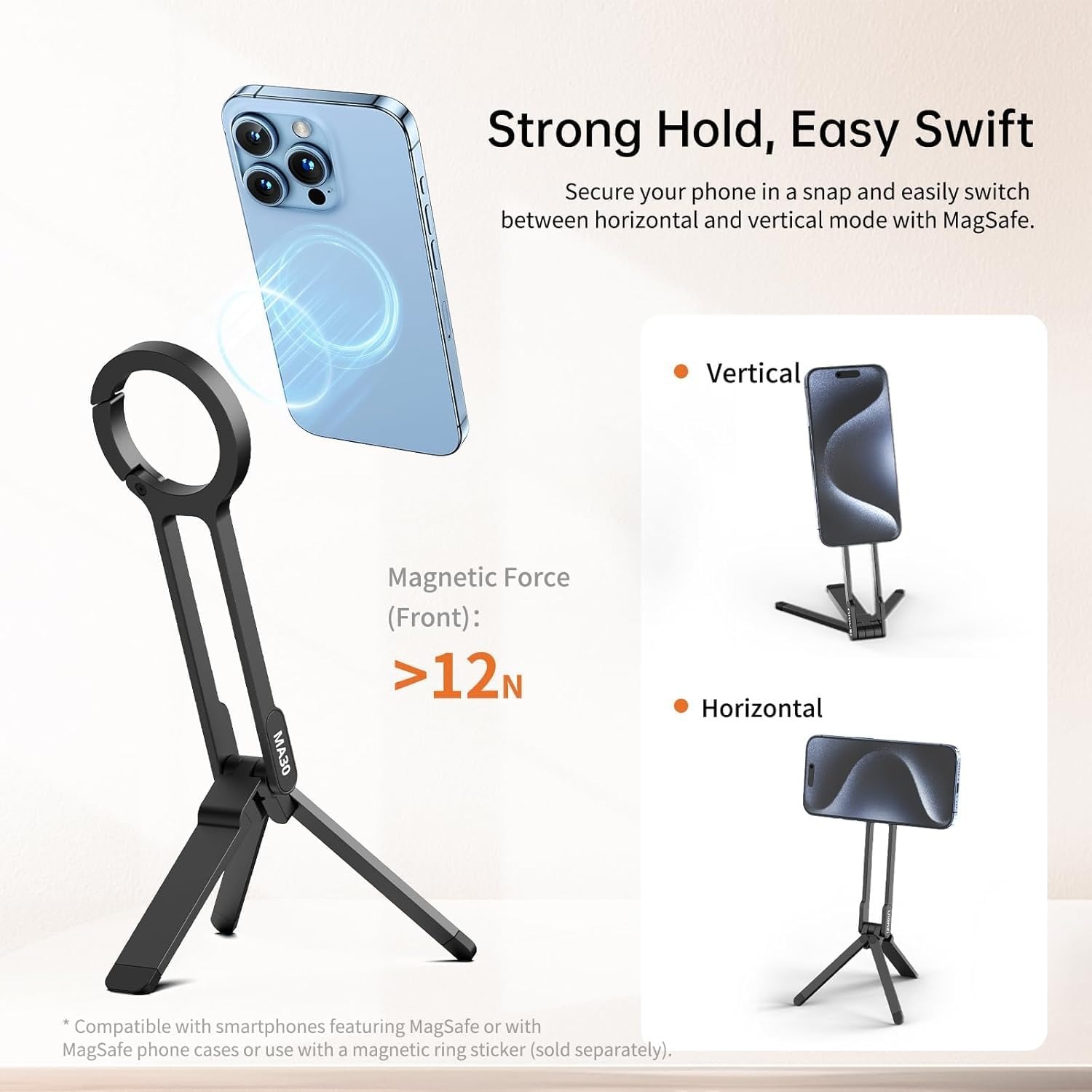 ULANZI MA30 Magnetic Phone Tripod Stand for iPhone - Aluminium Maglock Smartphone Mini Tripod Pocket Cell Phone Stand Dual-Sided Magnet Quick Mount Compatible with iPhone 16 15 14 13 12 Magsafe (Grey)