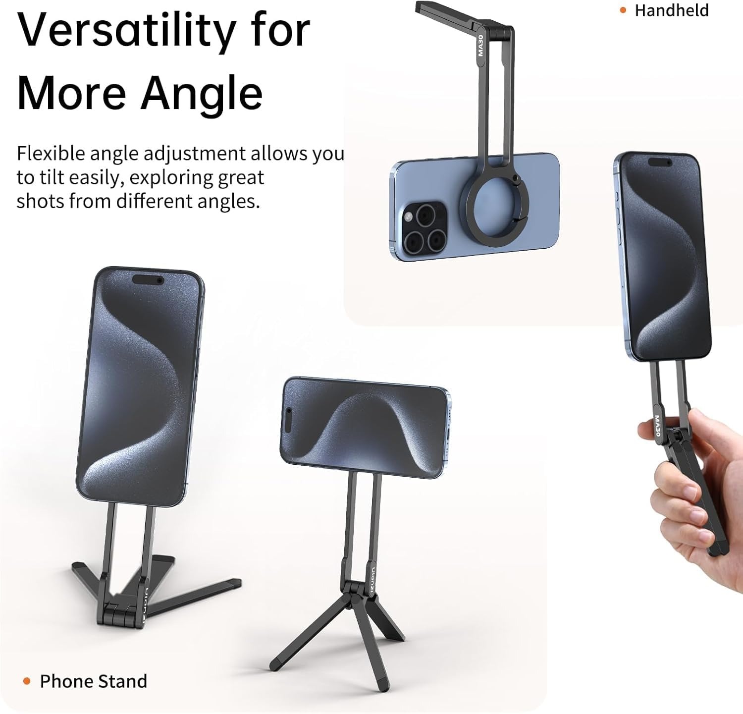 ULANZI MA30 Magnetic Phone Tripod Stand for iPhone - Aluminium Maglock Smartphone Mini Tripod Pocket Cell Phone Stand Dual-Sided Magnet Quick Mount Compatible with iPhone 16 15 14 13 12 Magsafe (Grey)