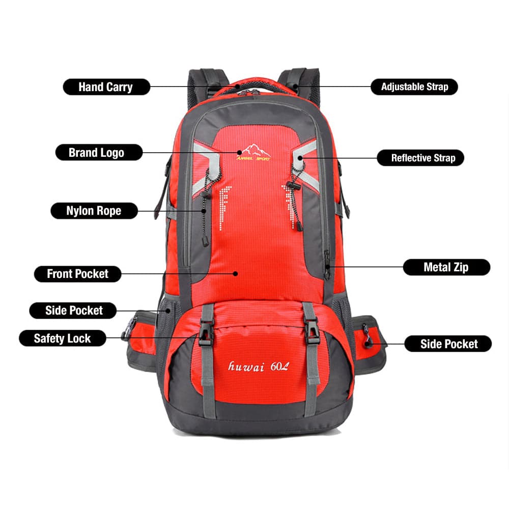 60L Waterproof Hiking Backpack Large Capacity Adjustable Straps Yellow