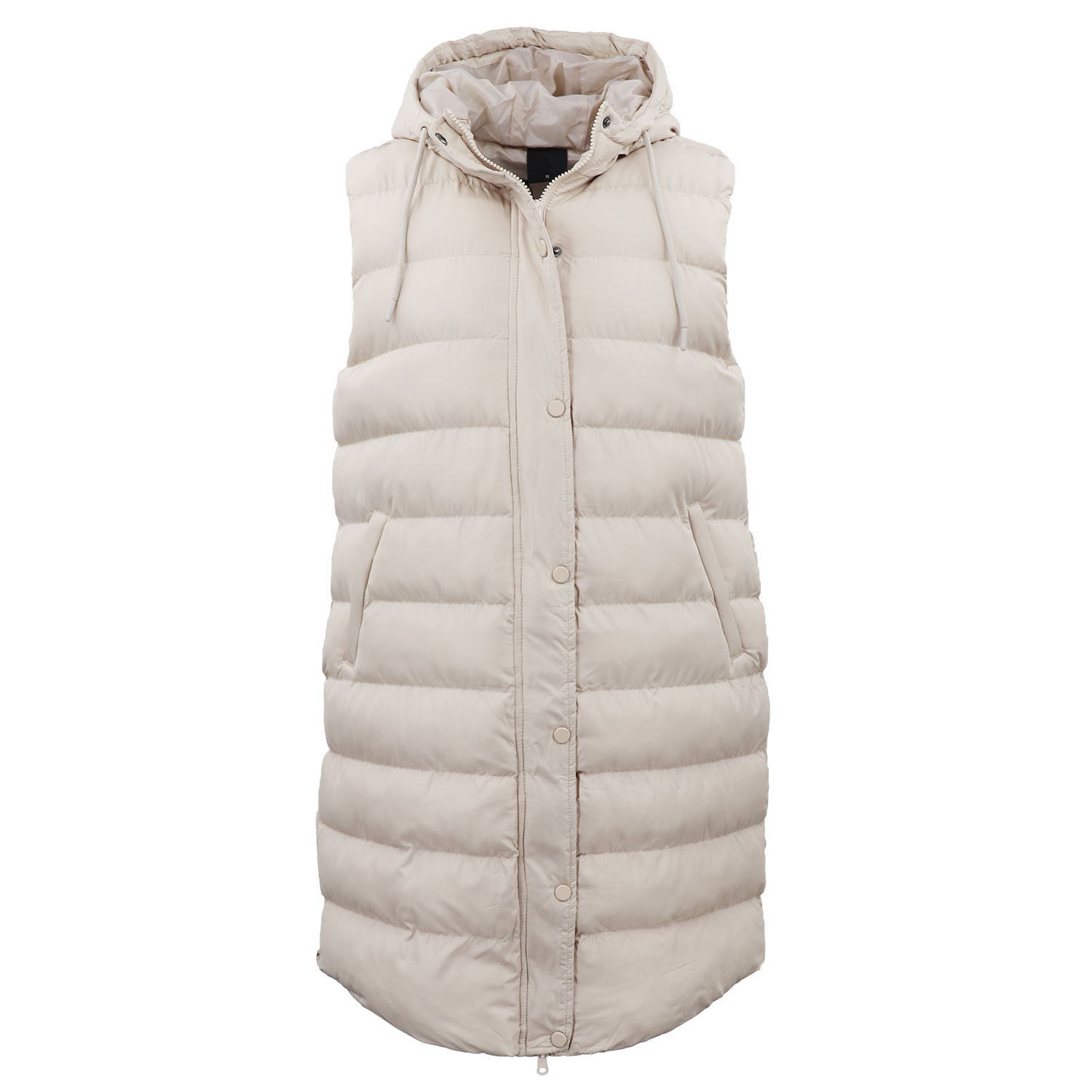 Women's Longline Padded Vest Hooded Jacket Puffer Puffy Quilted Zip Coat Gilet, Khaki, 18
