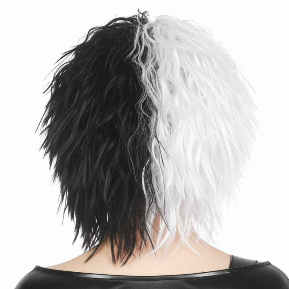 EVIL LADY WIG Messy Curly Hair Costume Dalmatian Villain Fancy Dress Accessory - Black/White