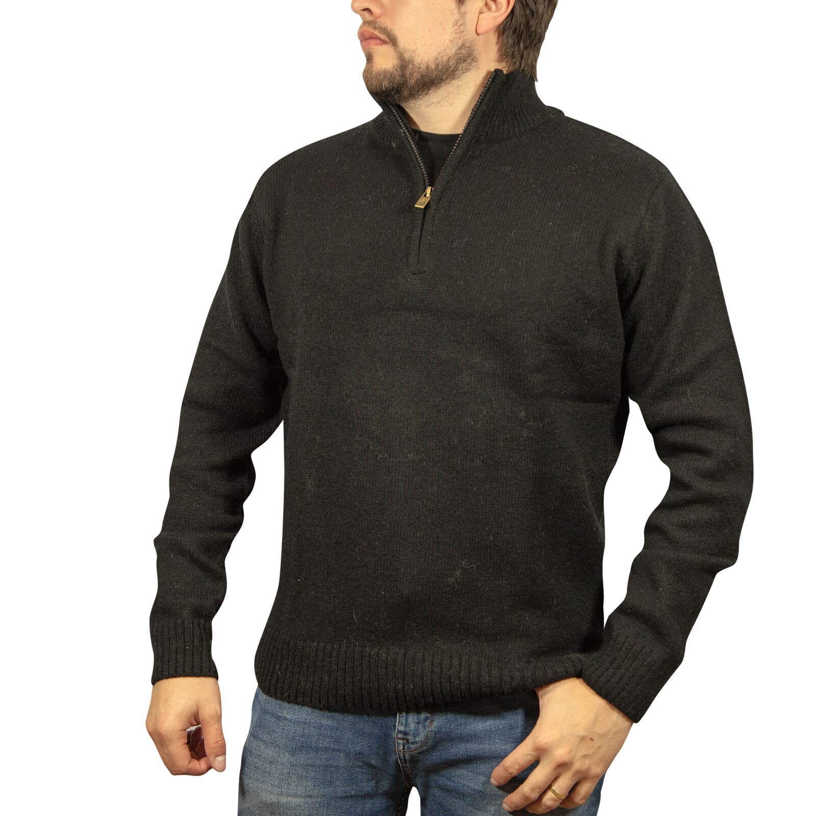 Jumpers 100% Shetland Ragg Wool Half Zip Up Knit Pullover Mens Sweater Plain Black
