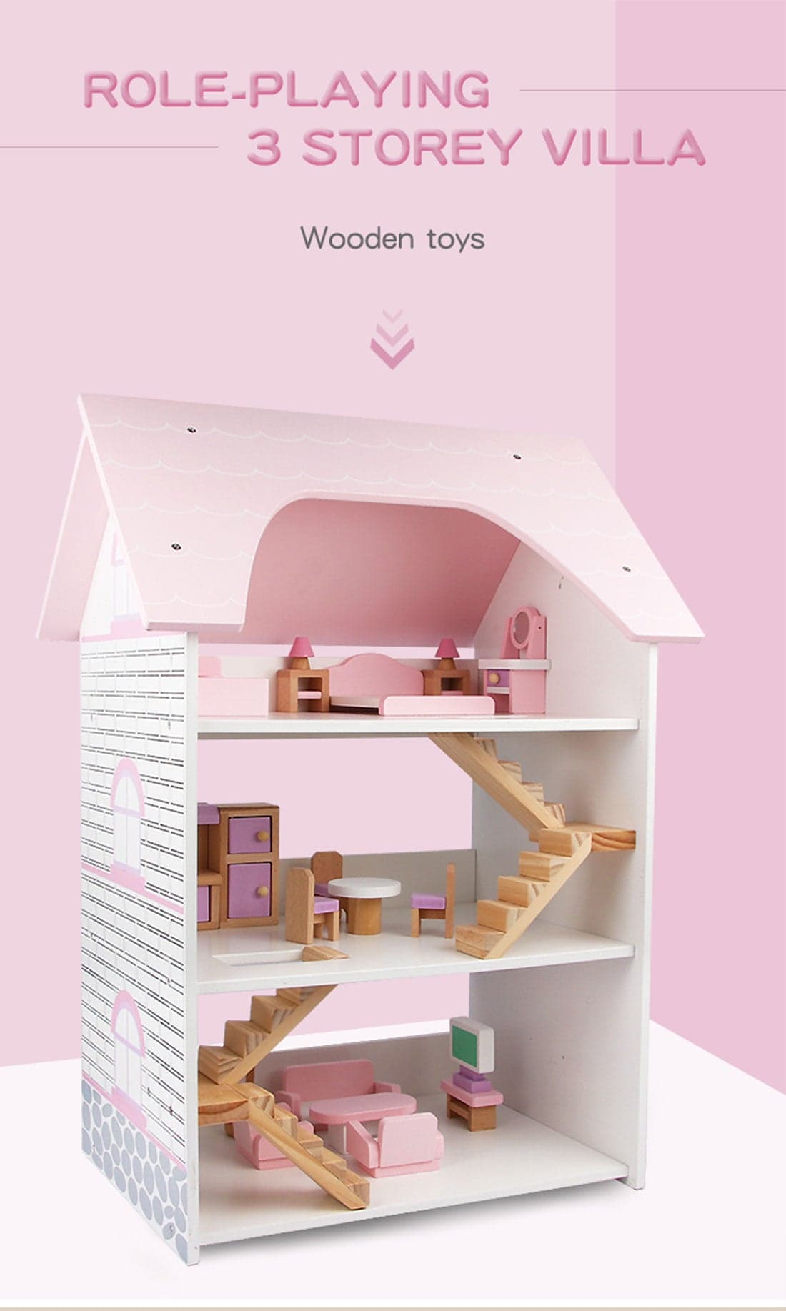 Wooden Doll House DIY 3 Level Full Furniture Set Pink