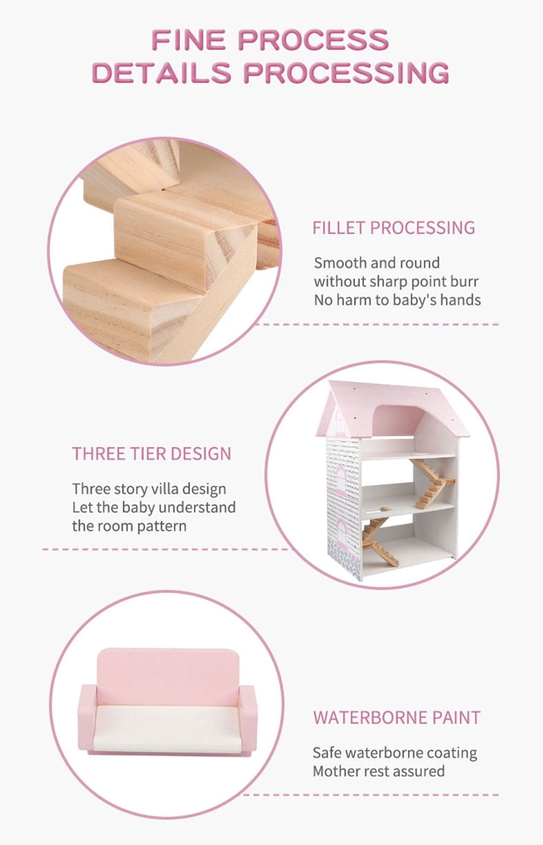 Wooden Doll House DIY 3 Level Full Furniture Set Pink