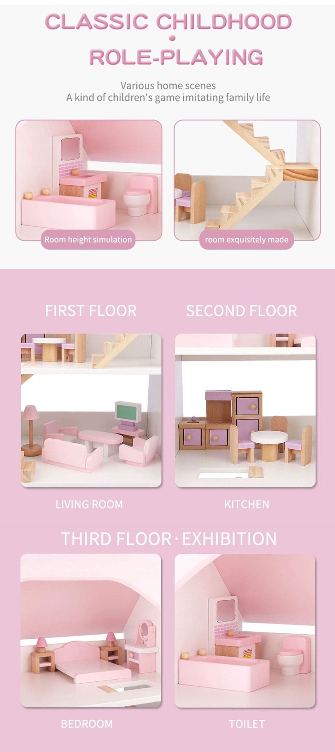 Wooden Doll House DIY 3 Level Full Furniture Set Pink