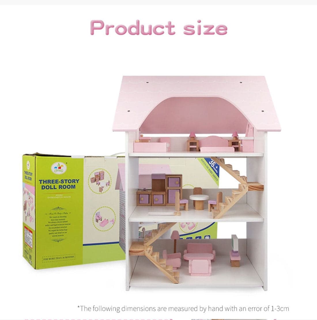 Wooden Doll House DIY 3 Level Full Furniture Set Pink