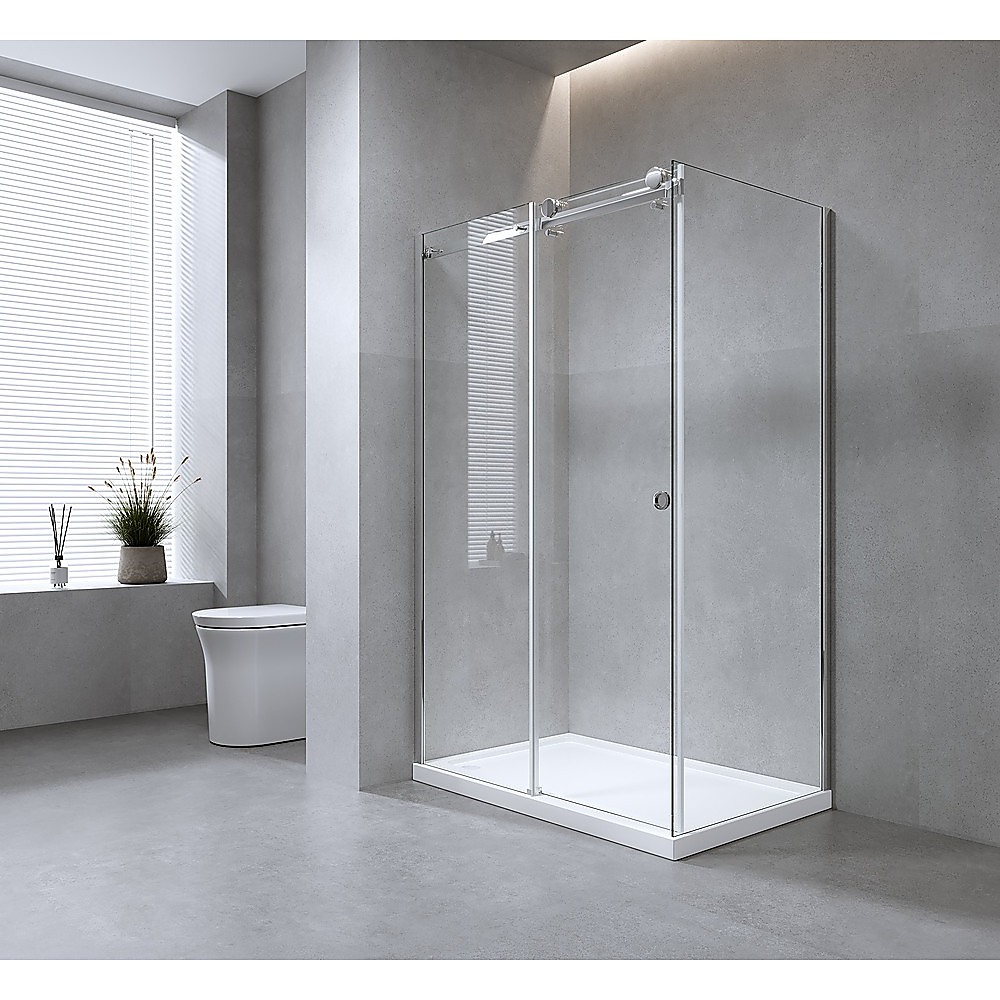 140x100cm Frameless Glass Sliding Corner Shower – With White Rail and U-Brackets for Contemporary Bathrooms