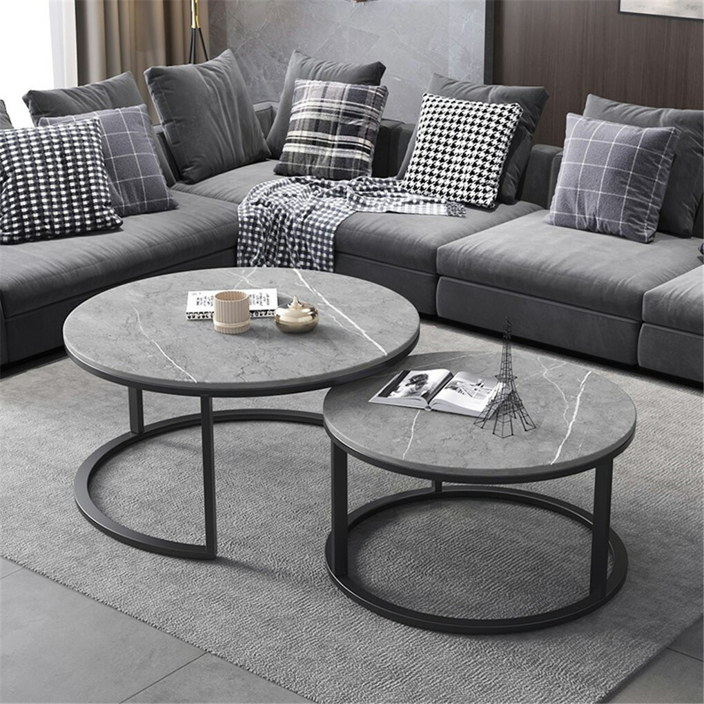Set of 2 Grey Marble Round Nesting Tables