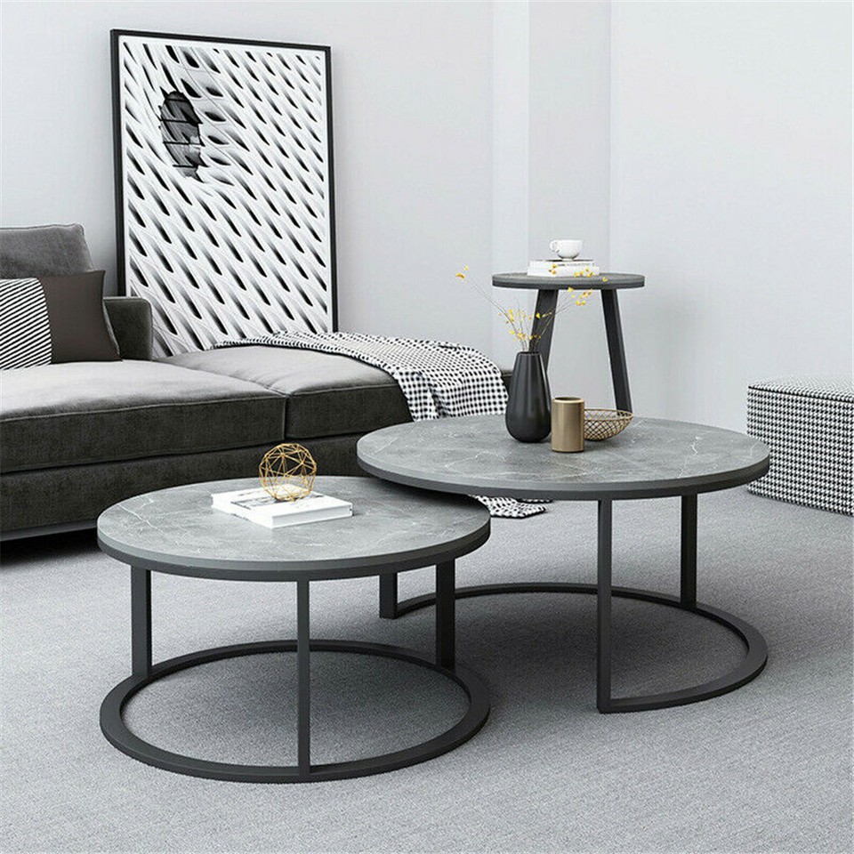 Set of 2 Grey Marble Round Nesting Tables