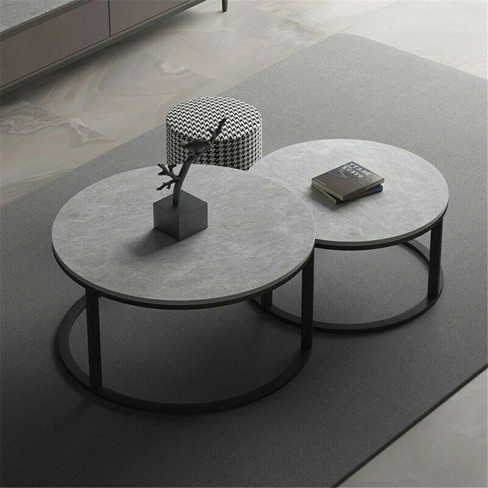 Set of 2 Grey Marble Round Nesting Tables